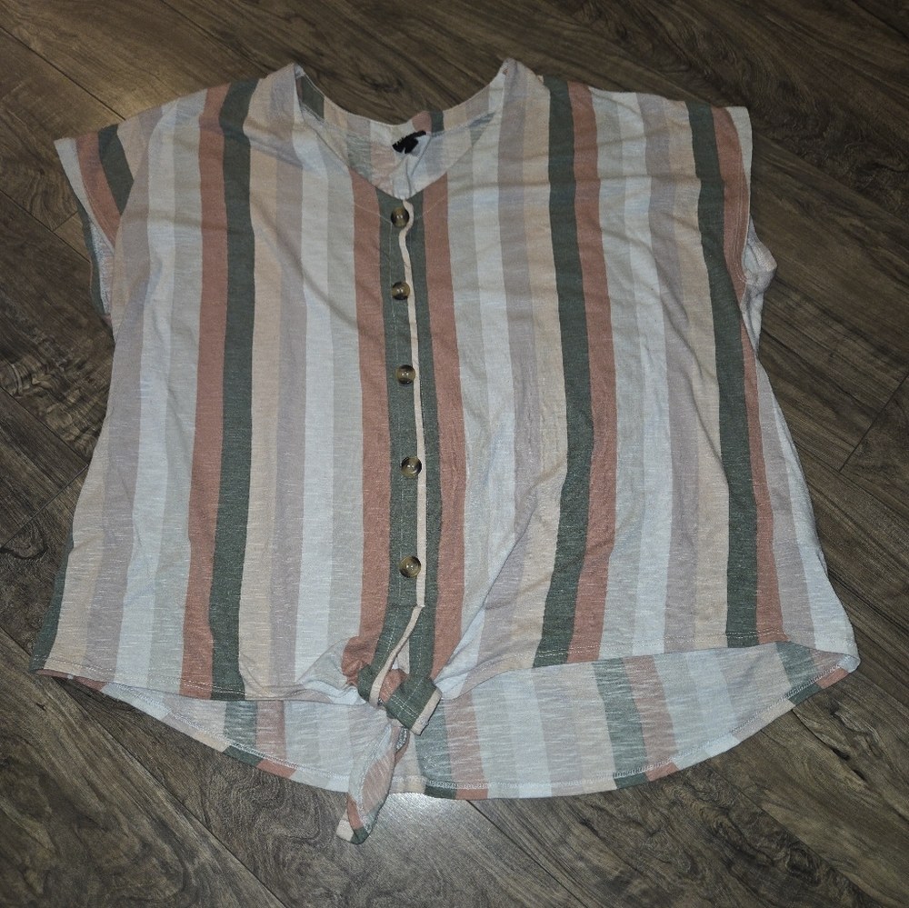 torrid Striped Button-Front Tie Hem Top - White, Pink, Green